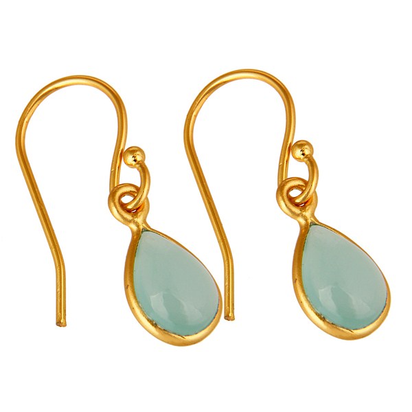 Exporter Aqua Blue Glass Chalcedony Bezel Set Drop Earrings Made In 18K Gold Over Silver