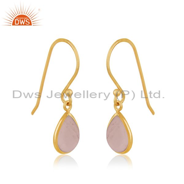 Exporter Rose Quartz Gemstone Yellow Gold Plated 925 Sterling Silver Earring Jewelry