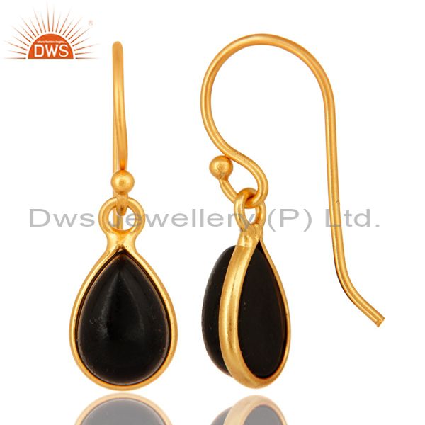 Exporter Genuine Black Onyx Gemstone Sterling Silver Drop Earrings - Gold Plated