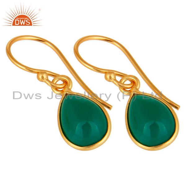 Exporter Natural Green Onyx Handmade 925 Sterling Silver Drop Earrings - Gold Plated