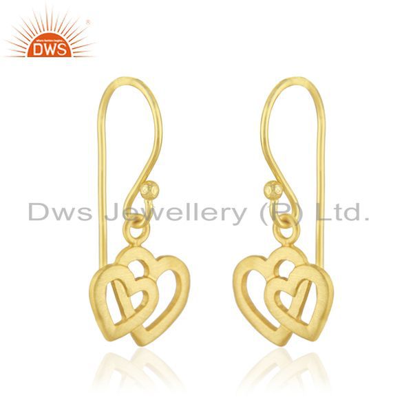 Exporter 22K Yellow Gold Plated Sterling Silver Stain Finish Double Heart Dangle Earrings