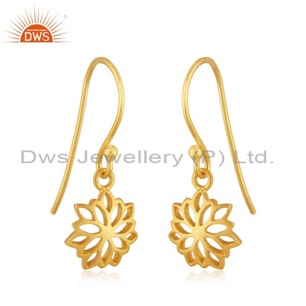 Exporter 22K Yellow Gold Plated Sterling Silver Filigree Flower Design Dangle Earrings