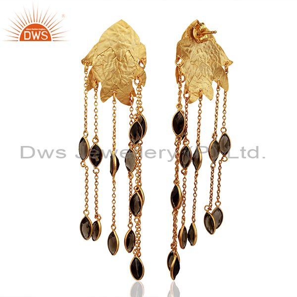 Exporter 22K Yellow Gold Plated Sterling Silver Smoky Quartz Chain Chandelier Earrings