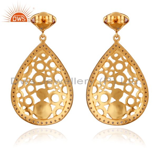 Exporter 24K Yellow Gold Plated Brass Pink Glass And CZ Filigree Design Dangle Earrings
