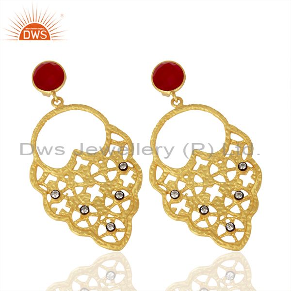 Exporter 22K Yellow Gold Plated Pink Corundum And CZ Hammered Fashion Dangle Earrings