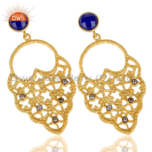 Exporter 18K Gold Plated Lapis Lazuli Lazuli CZ Filigree Design Dangle Brass Earrings