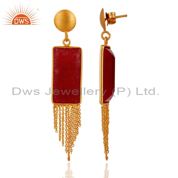 Exporter 18K Yellow Gold Plated Sterling Silver Red Aventurine Chain Chandelier Earrings