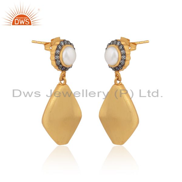 Exporter 22K Yellow Gold Plated Stain Finish Pearl And CZ Drop Brass Earrings