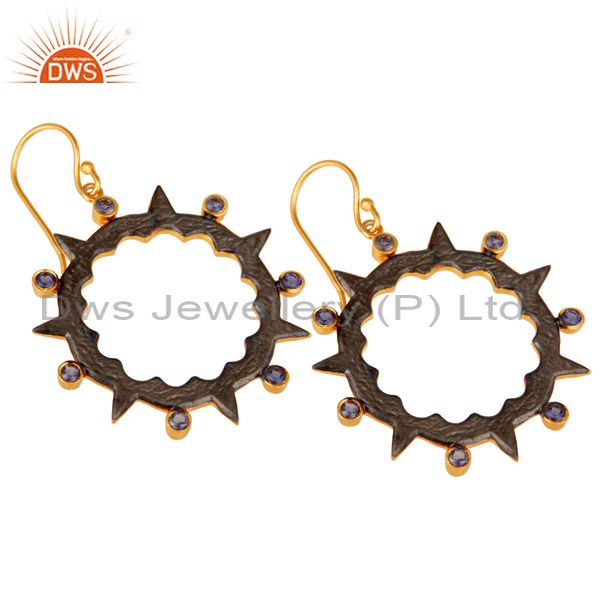 Exporter 18k Gold Plated Round Design Brass Earrings with Iolite