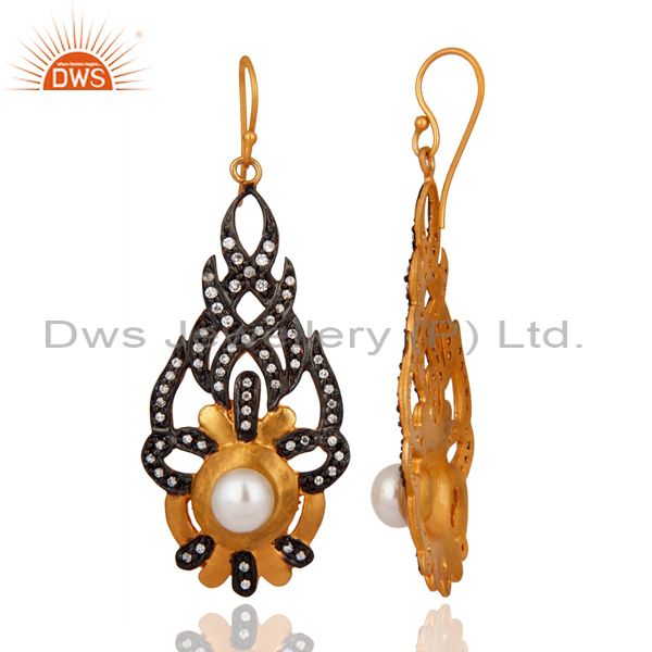 Exporter Cubic Zirconia And Natural Pearl 18K Yellow Gold Plated Fashion Designer Earring