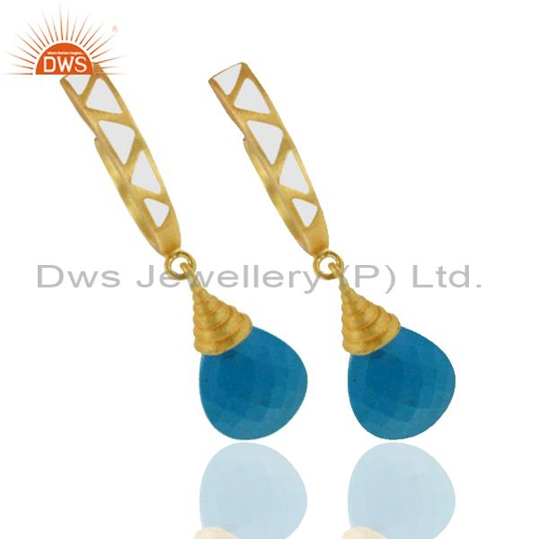 Exporter 18K Yellow Gold Plated Brass Turquoise Drop Earrings With White Enamel