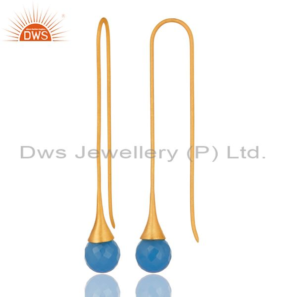 18k yellow gold plated sterling silver blue chalcedony long dangle hook earrings