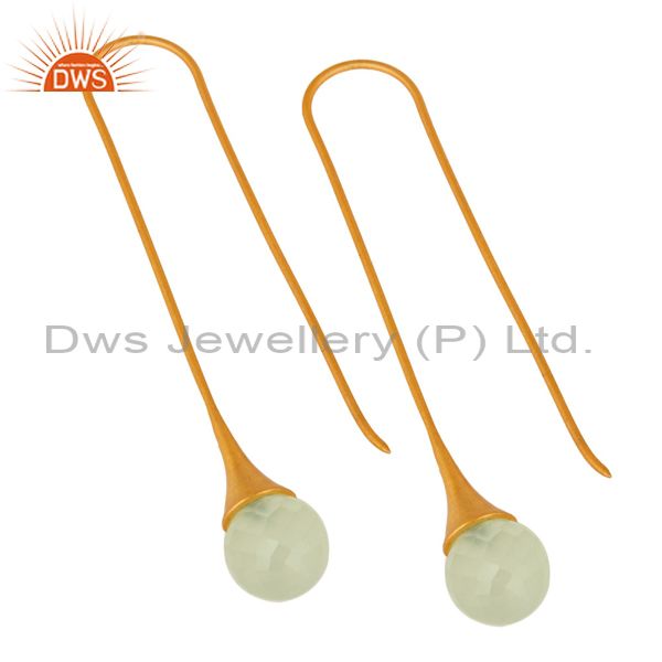 Synthetic green chalcedony gold plated sterling silver long hoop drop earrings
