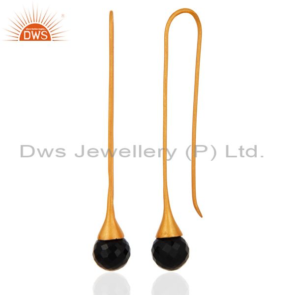 18k yellow gold plated sterling silver faceted black onyx long dangle earrings