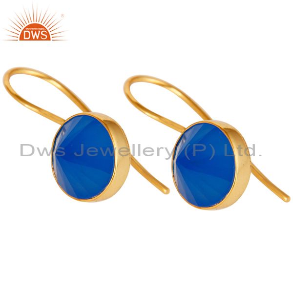 Exporter 18K Yellow Gold Plated Blue Chalcedony Pyramid Earring Sterling Silver Earring