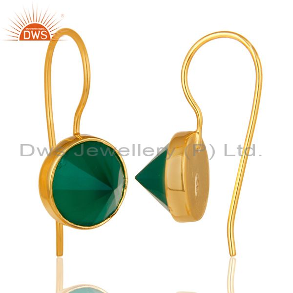 Exporter 18K Yellow Gold Plated Sterling Silver Green Onyx Bezel Set Gemstone Earrings
