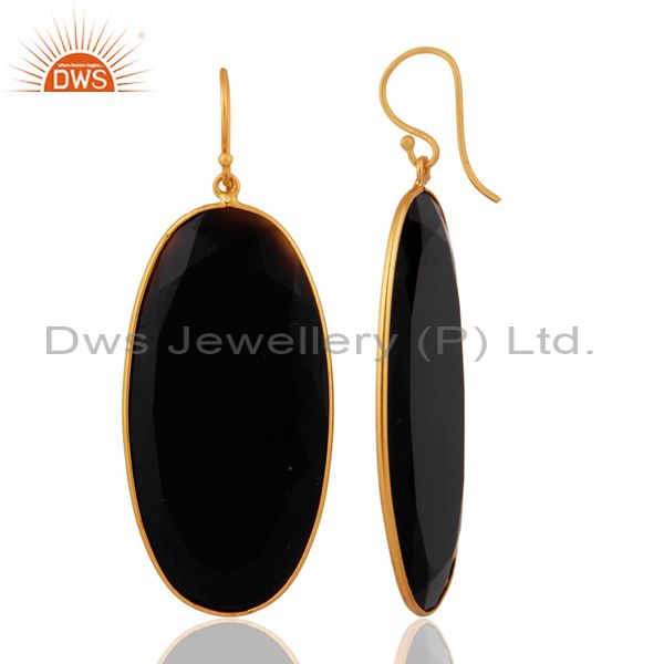 Exporter 925 Sterling Silver Black Onyx Gemstone Dangle Earrings With 18k Gold Plated