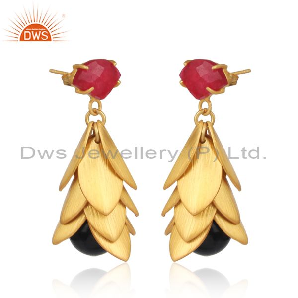 Exporter 24K Yellow Gold Plated Black Onyx And Red Aventurine Chandelier Earrings