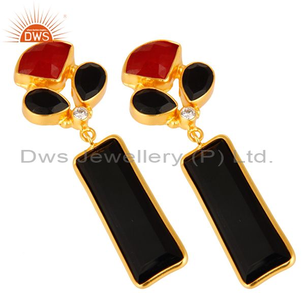 Exporter Red Aventurine And Black Onyx Gemstone 14K Yellow Gold Plated Dangle Earrings