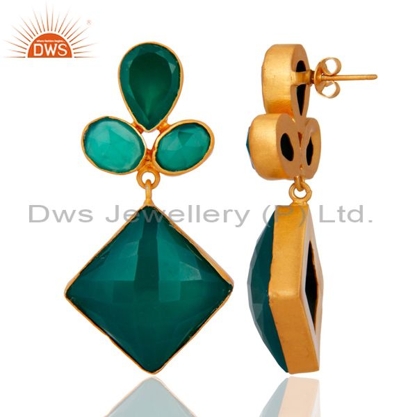 Exporter Handmade Faceted Green Onyx Bezel Set Dangle Earrings With Yellow Gold Plated