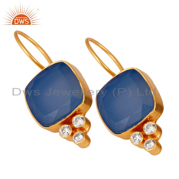 Exporter 18K Yellow Gold Plated Blue Chalcedony & White Zircon Gemstone Brass Earring