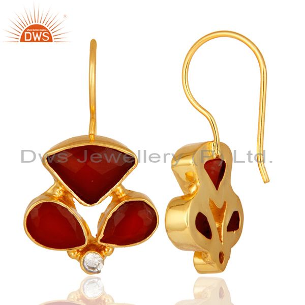 Exporter Faceted Red Onyx Gemstone And CZ Designer Earrings With Yellow Gold Plated