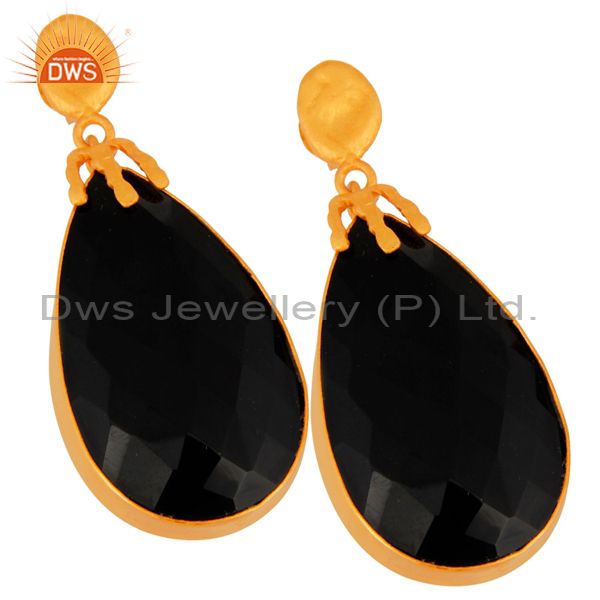 Exporter Natural Black Onyx Gemstone Dangle Earring Made In 18K Gold Over brass
