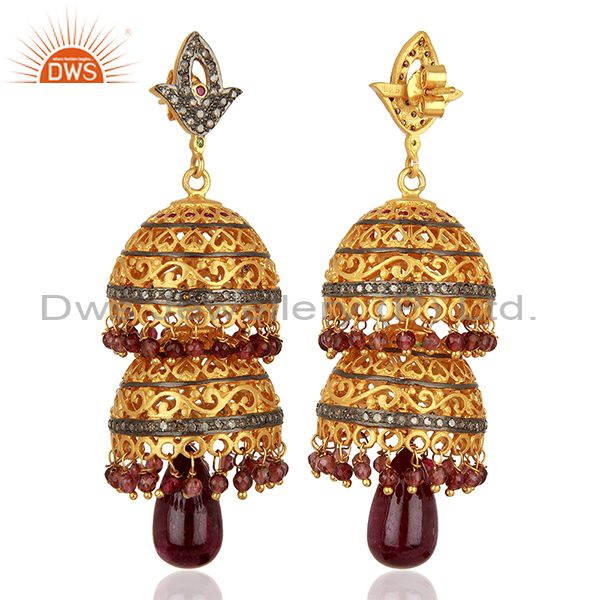 Exporter Ruby Gemstone Pave Diamond Gold Plated Silver Traditional Earrings