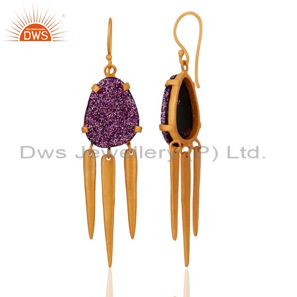 Exporter 24K Yellow Gold Plated Brass Purple Druzy Agate Multi Spike Chandelier Earrings