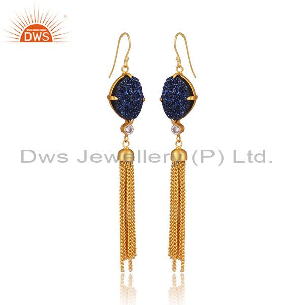 Exporter 24K Yellow Gold Plated Brass Blue Druzy And CZ Chain Chandelier Earrings