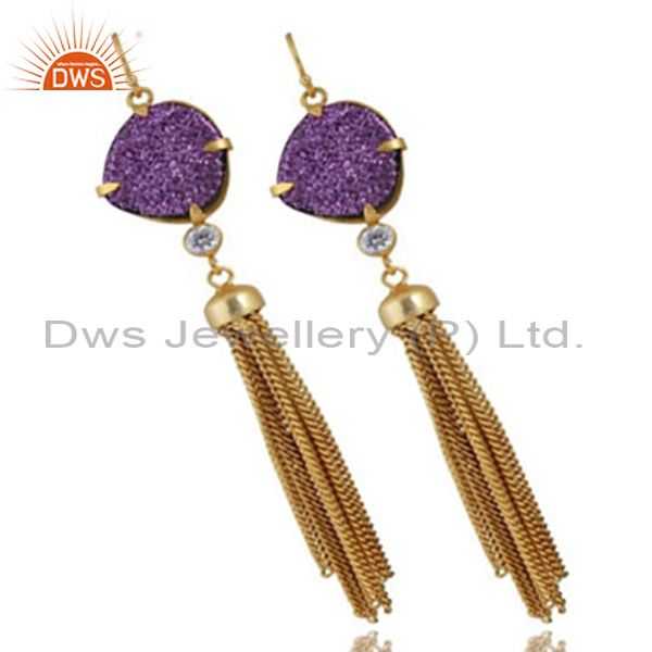 Exporter 24K Yellow Gold Plated Brass Purple Druzy And CZ Chain Chandelier Earrings