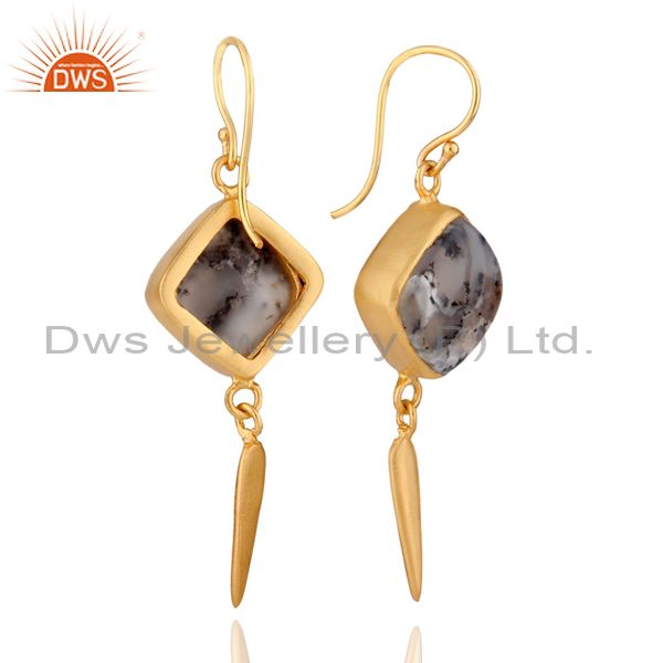 Exporter Handmade Dendritic Opal Gemstone 24K Yellow Gold Plated Spike Dangle Earrings