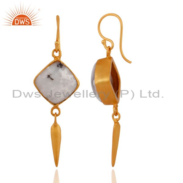 Exporter 18K Yellow Gold Plated Sterling Silver Dendritic Opal Gemstone Dangle Earrings