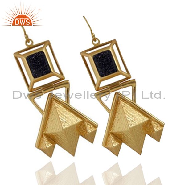 Exporter Handmade 22K Yellow Gold Plated Brass Blue Sun Sitara Dangle Earrings