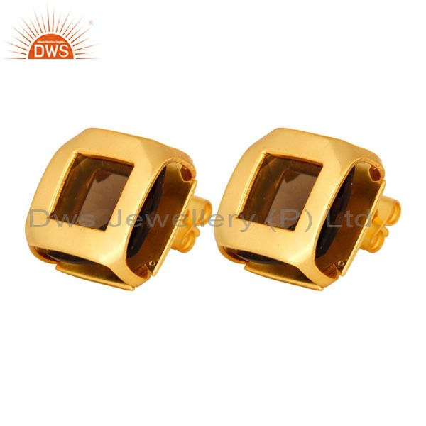Exporter 14K Gold Plated Over Brass Stud Earrings With Smoky Quartz Gemstone