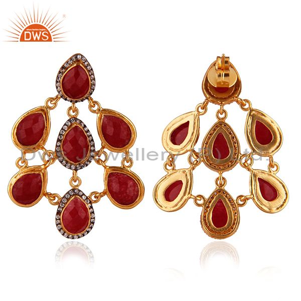 Exporter 24K Yellow Gold Plated Brass Red Aventurine And CZ Womens Chandelier Earrings