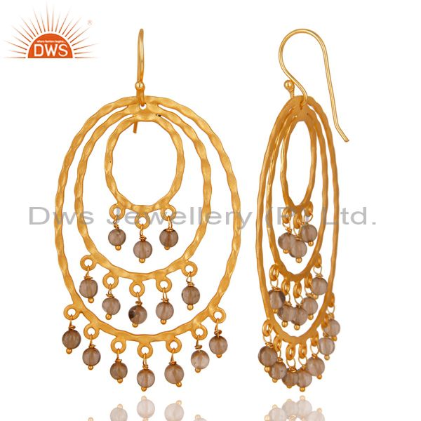Exporter 22K Yellow Gold Plated Brass Hammered Multi Circle Earrings With Smoky Quartz