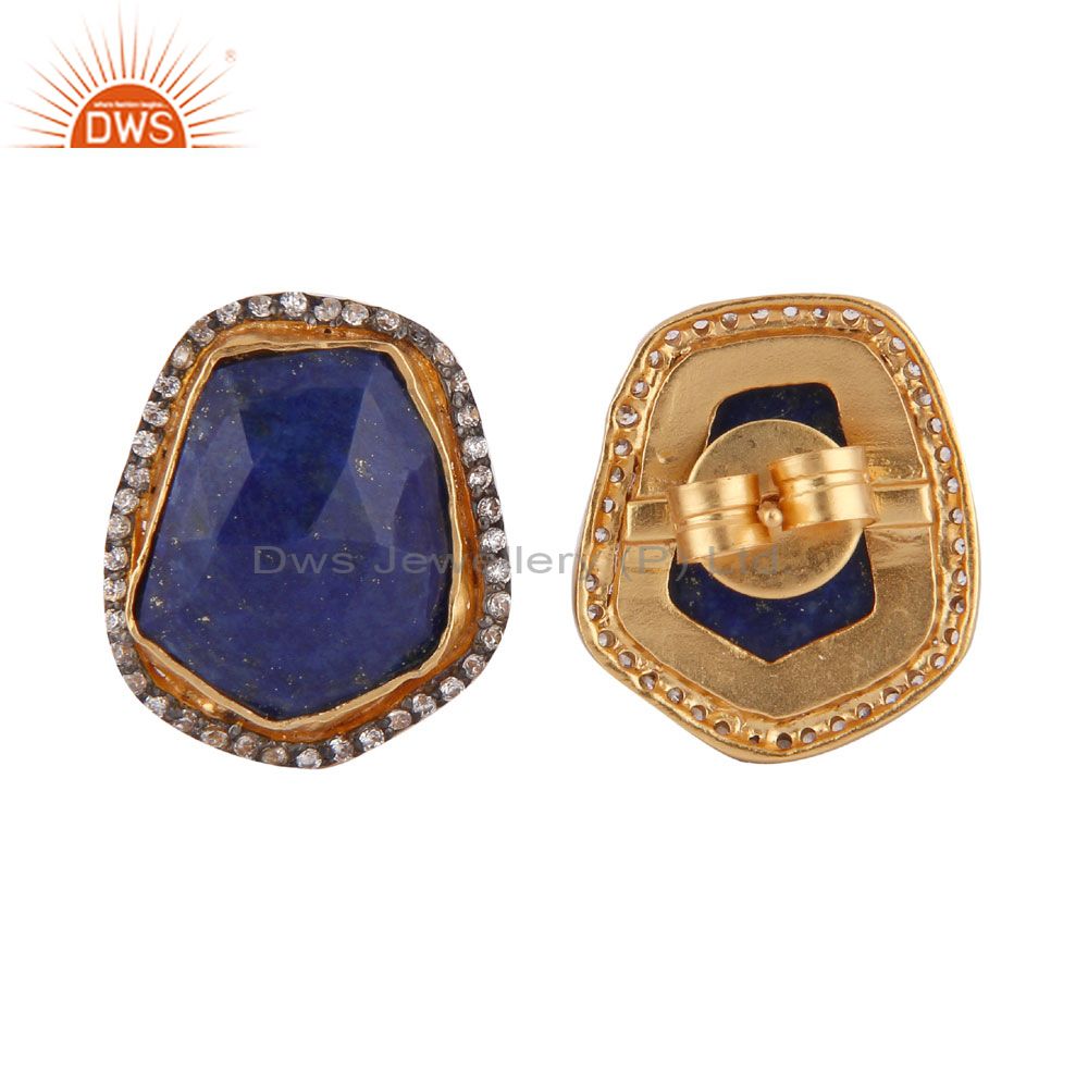 Exporter 24K Yellow Gold Plated Brass Lapis Lazuli And CZ Designer Ladies Stud Earrings