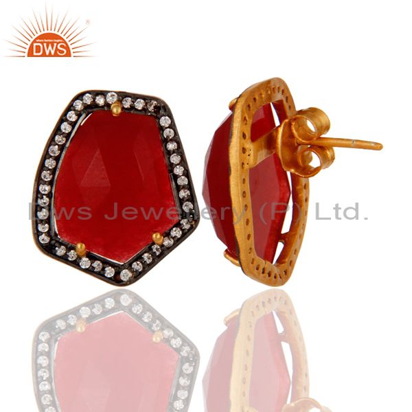 Exporter 18K Yellow Gold Plated Red Aventurine Gemstone Womens Stud Earrings With CZ