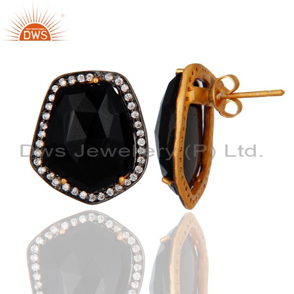 Exporter 22K Yellow Gold Plated Brass Black Onyx And CZ Womens Fashion Stud Earrings