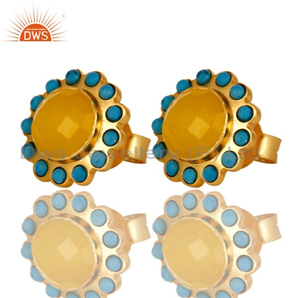 Exporter Handmade Turquoise And Yellow Chalcedony Stud Earrings Made In 18K Gold On Brass
