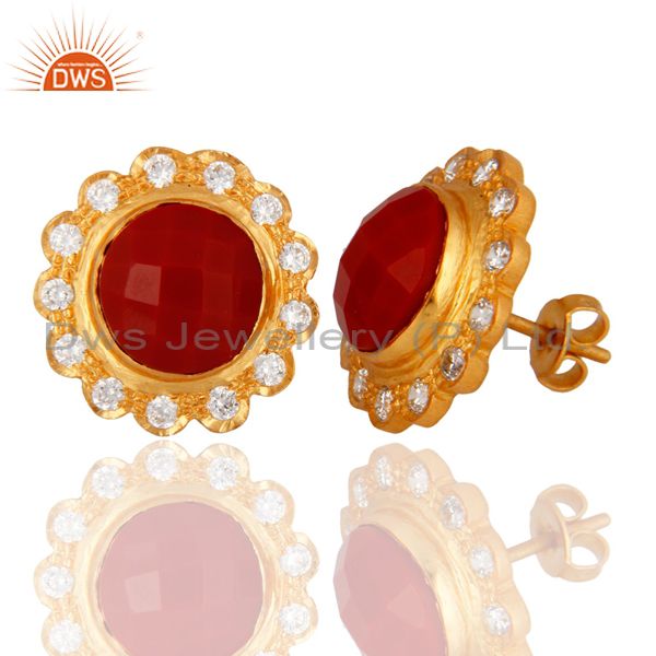 Exporter Simulated Red Coral And Cubic Zirconia Halo Stud Earrings In 18K Gold Over Brass