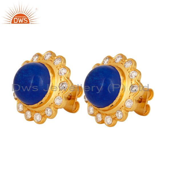 Exporter 18K Yellow Gold Plated Aventurine Blue Gemstone Stud Fashion Earrings With CZ