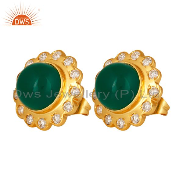 Exporter Handmade Green Onyx Round Gemstone 18K Gold Plated Bezel Set Stud Earrings
