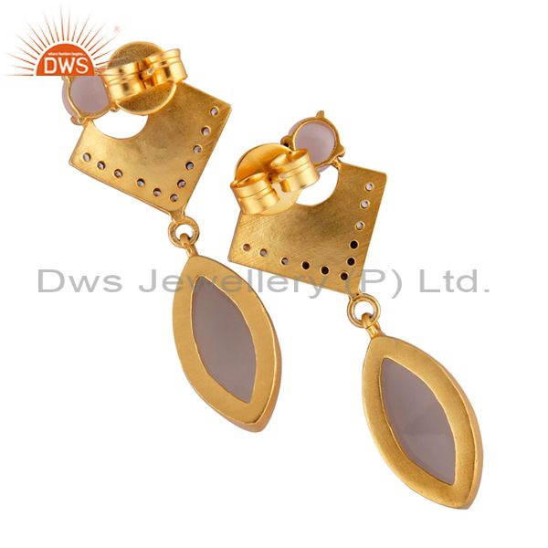 Exporter 22K Yellow Gold Plated Brass Rose Chalcedony Bezel Set Drop Earrings With CZ