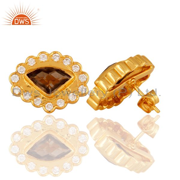 Exporter Natural Smoky Quartz Gemstone Stud Earrings With CZ In Yellow Gold Plated