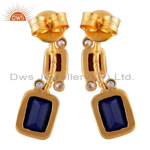 Exporter 18K Yellow Gold Plated Brass Chalcedony, Lapis And Red Coral Dangle Earrings