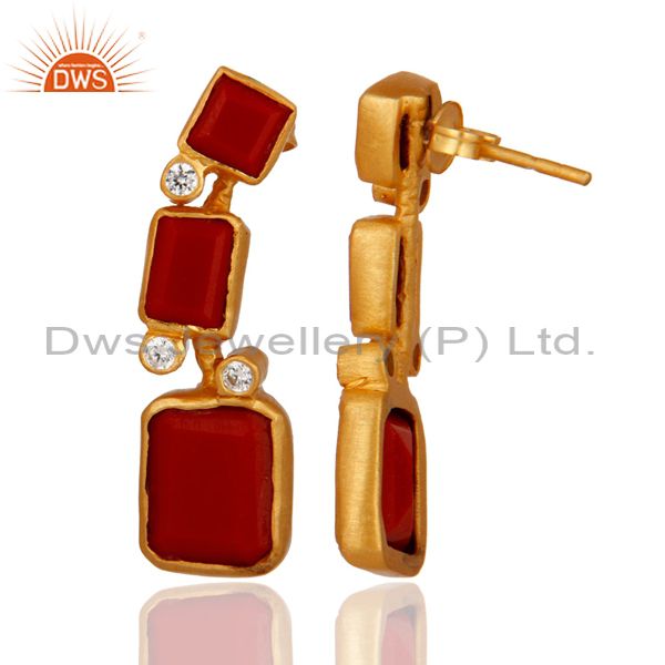Exporter Cultured Red Coral And Cubic Zirconia 18K Gold Plated Dangle Earrings