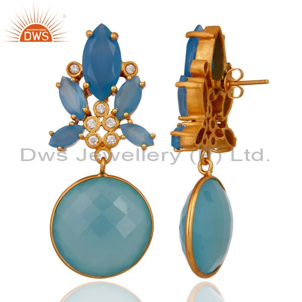 Exporter Faceted Dyed Aqua Blue Chalcedony Gemstone & CZ Gold Plated Designer Earrings