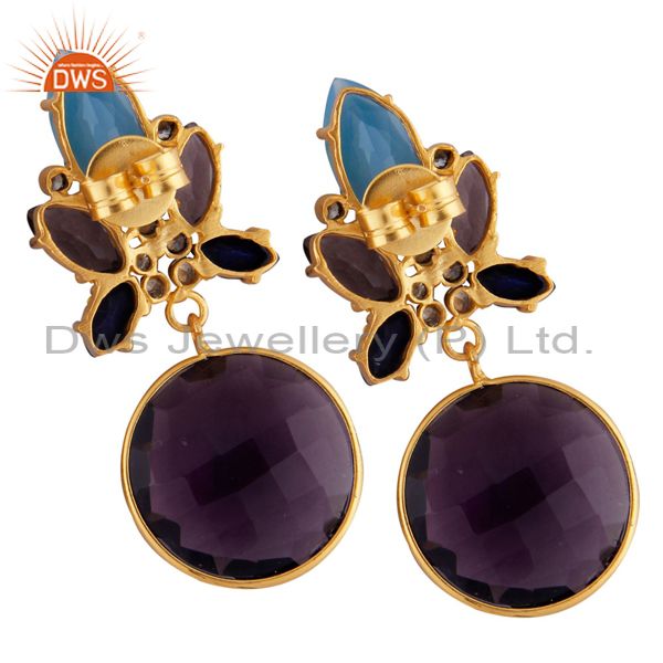 Exporter 22K Gold Plated Hydro Amethyst, Lapis Lazuli And Chalcedony Dangle Earrings